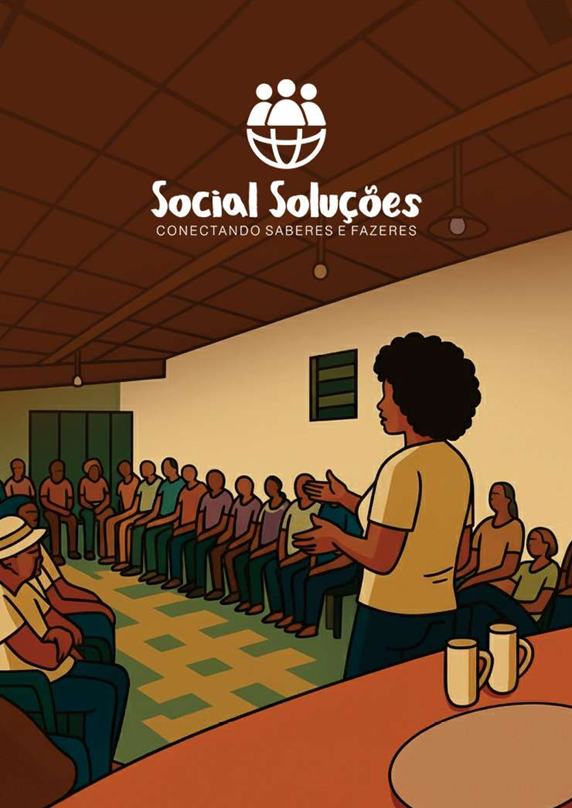 Ilustração da Social Soluções: facilitadora conduzindo uma roda de formação com participantes sentados